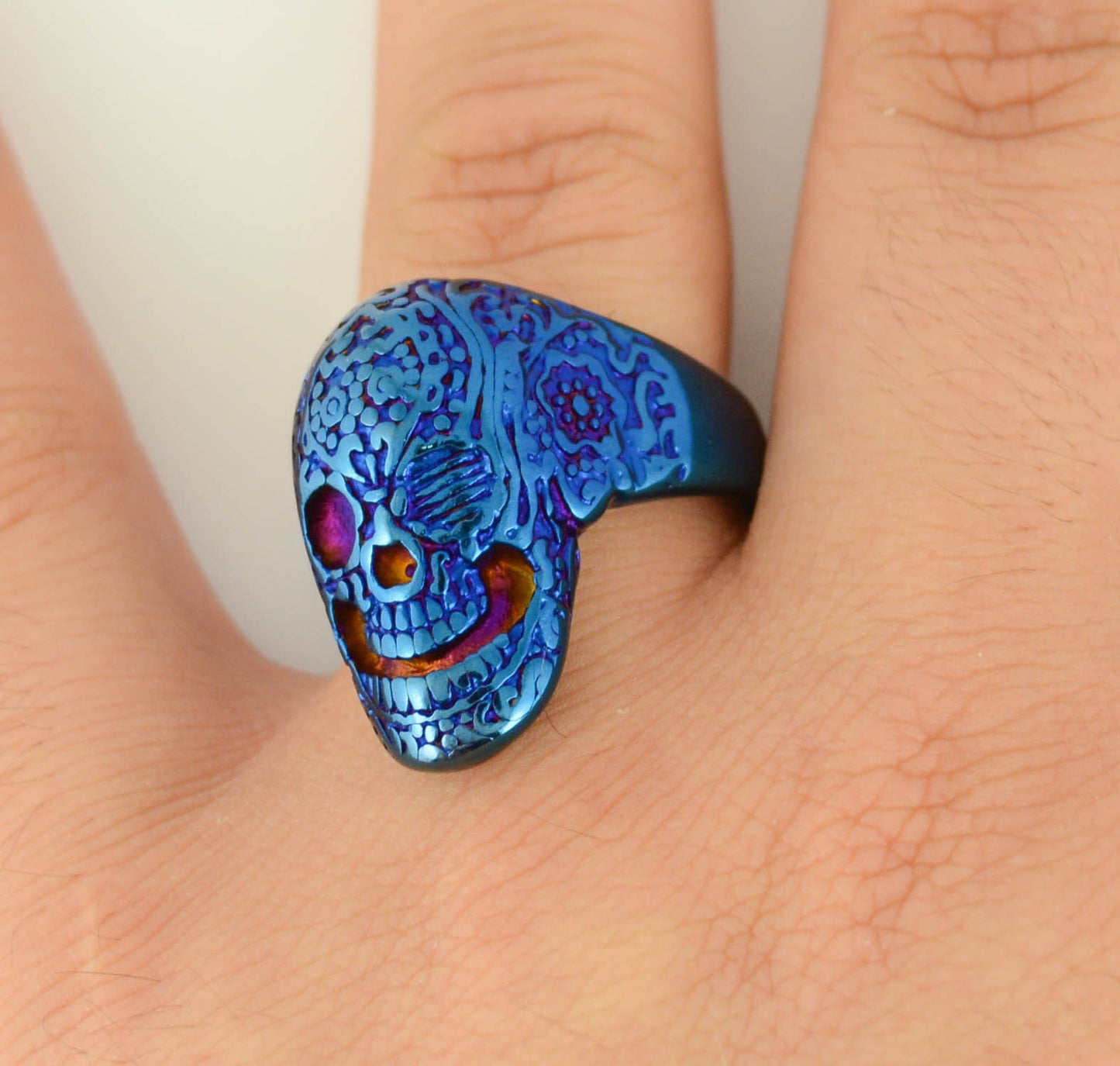 Gents Tattoo's Gone Wild Ring Blue Anodized Edition Stainless Steel Motorcycle Biker Jewelry