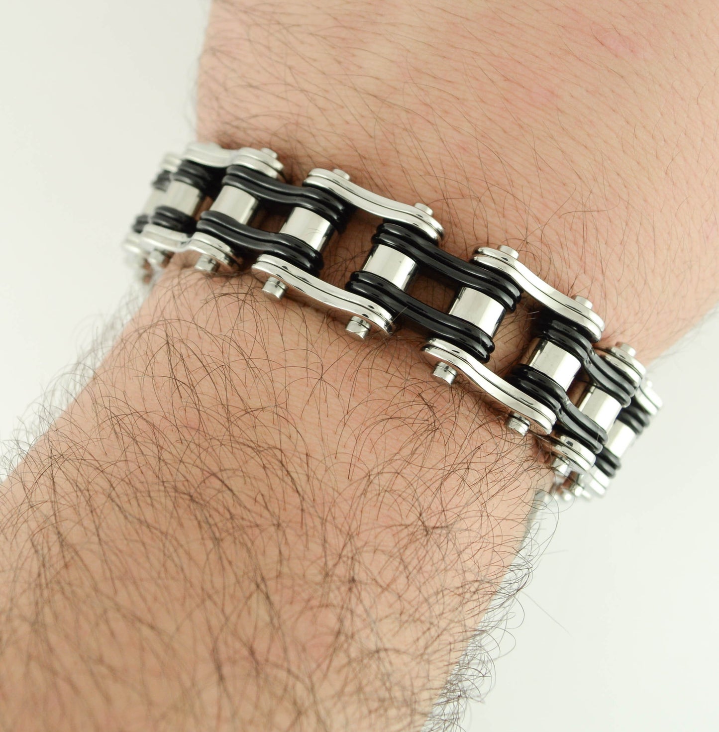 Two Tone Silver Black 3/4" Wide Double Link DesignUnisex Stainless Steel Motorcycle Chain Bracelet