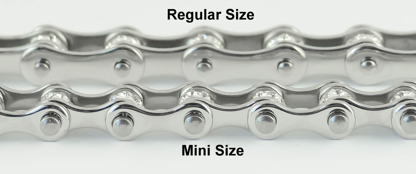 1/2" Wide MINIAll Silver with White Crystal Centers Stainless Steel Motorcycle Bike Chain Bracelet