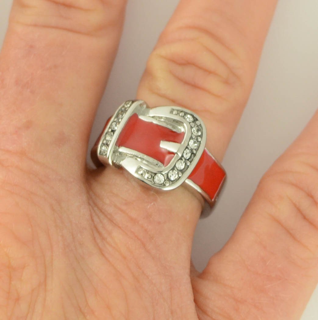Women's Buckle Ring Orange, Blue, Red, Black, Purple, Pink Stainless Steel Lady Motorcycle Biker Jewelry