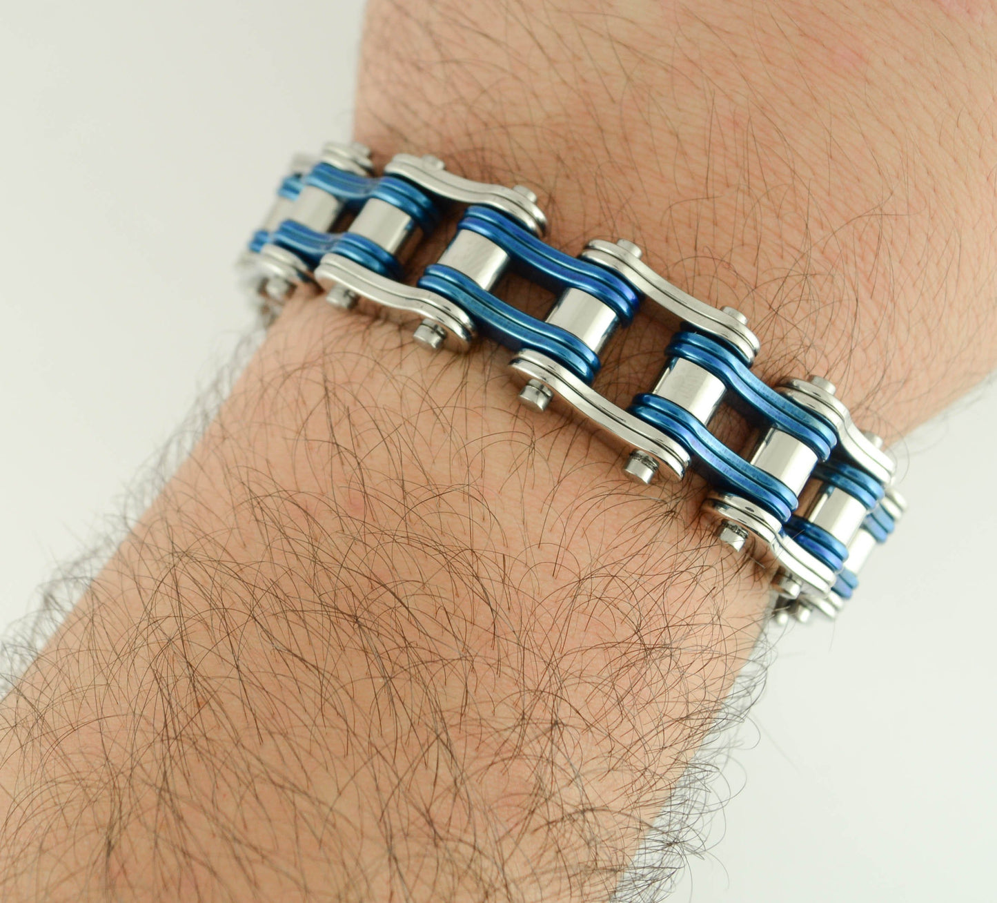 Two Tone Silver Candy Blue 3/4" Wide Double Link DesignUnisex Stainless Steel Motorcycle Chain Bracelet