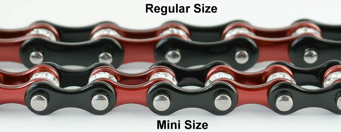 1/2" Wide MINITwo Tone Black Candy Red with White Crystal Centers Stainless Steel Motorcycle Bike Chain Bracelet