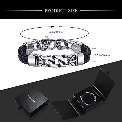 COOLMAN Men's Bracelet Stainless Steel with Braided Leather Wristband Black 8.8 Inch