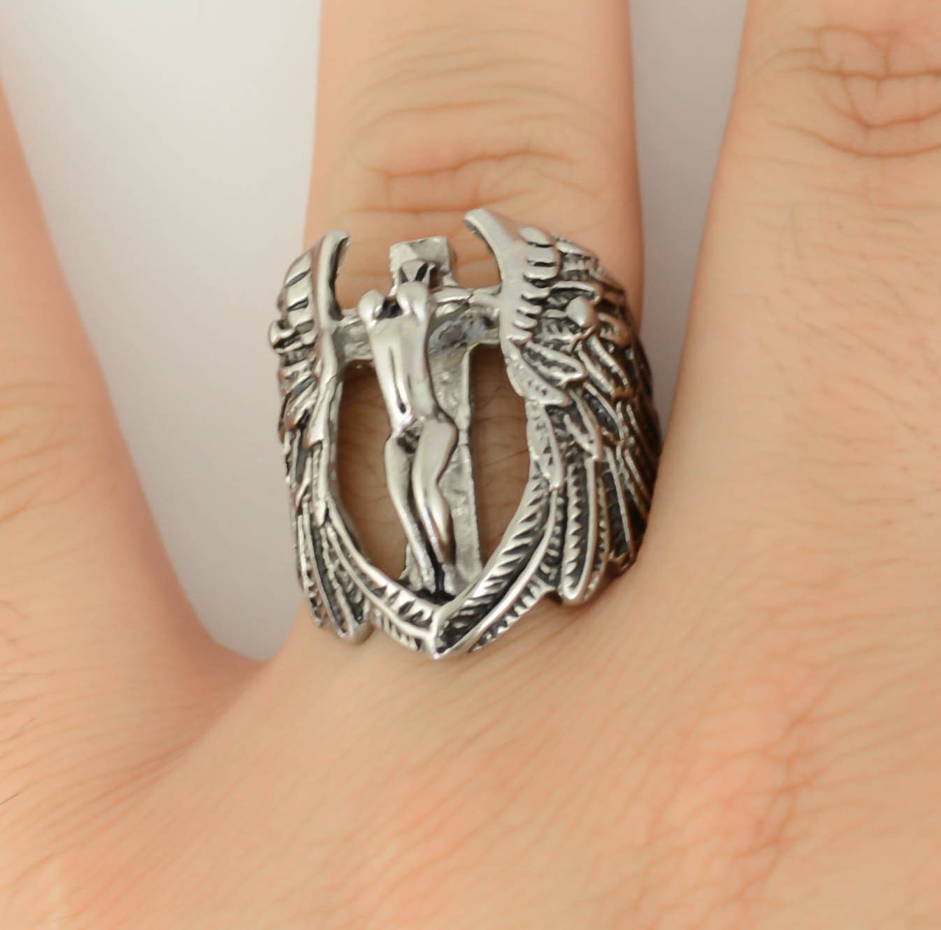 Female Angel with Spread Wings Ring Stainless Steel Religious Motorcycle Jewelry