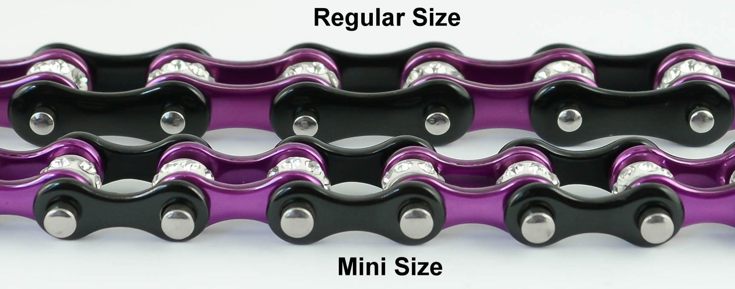 1/2" Wide MINITwo Tone Black Candy Purple with White Crystal Centers Stainless Steel Motorcycle Bike Chain Bracelet