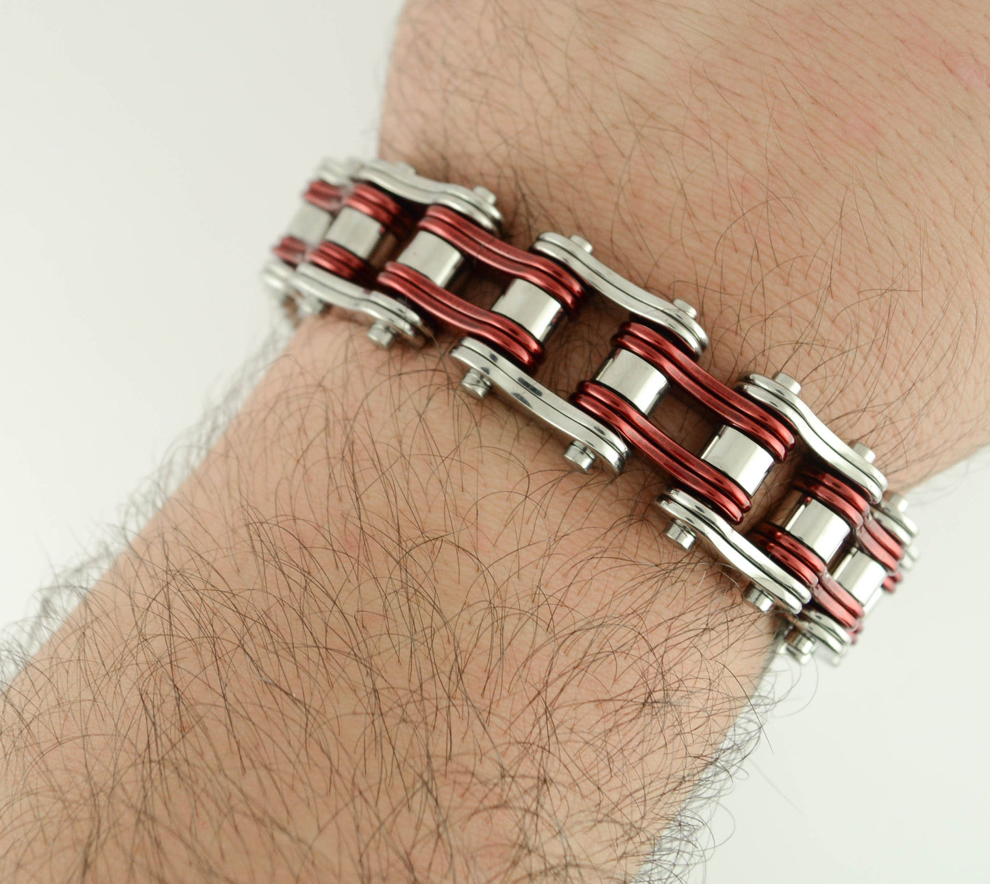 Two Tone Silver Candy Red 3/4" Wide Double Link DesignUnisex Stainless Steel Motorcycle Chain Bracelet