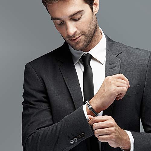 COOLMAN Men's Bracelet Stainless Steel with Braided Leather Wristband Black 8.8 Inch