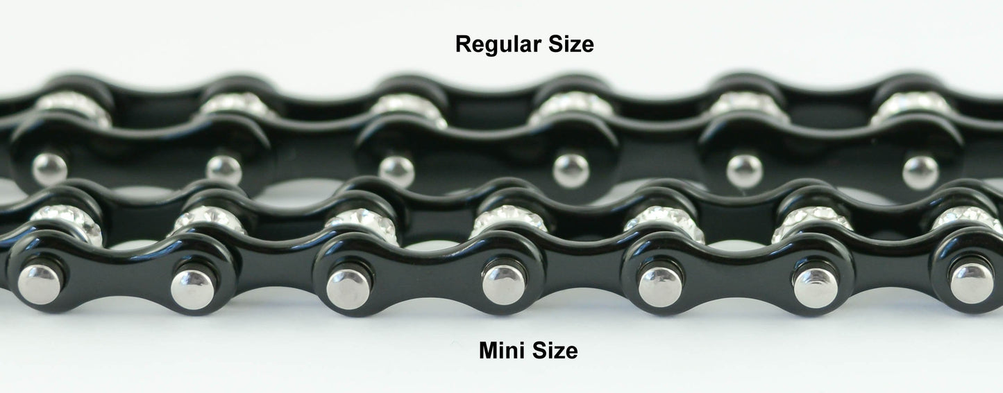 1/2" Wide MINIAll Black with White Crystal Centers Stainless Steel Motorcycle Bike Chain Bracelet