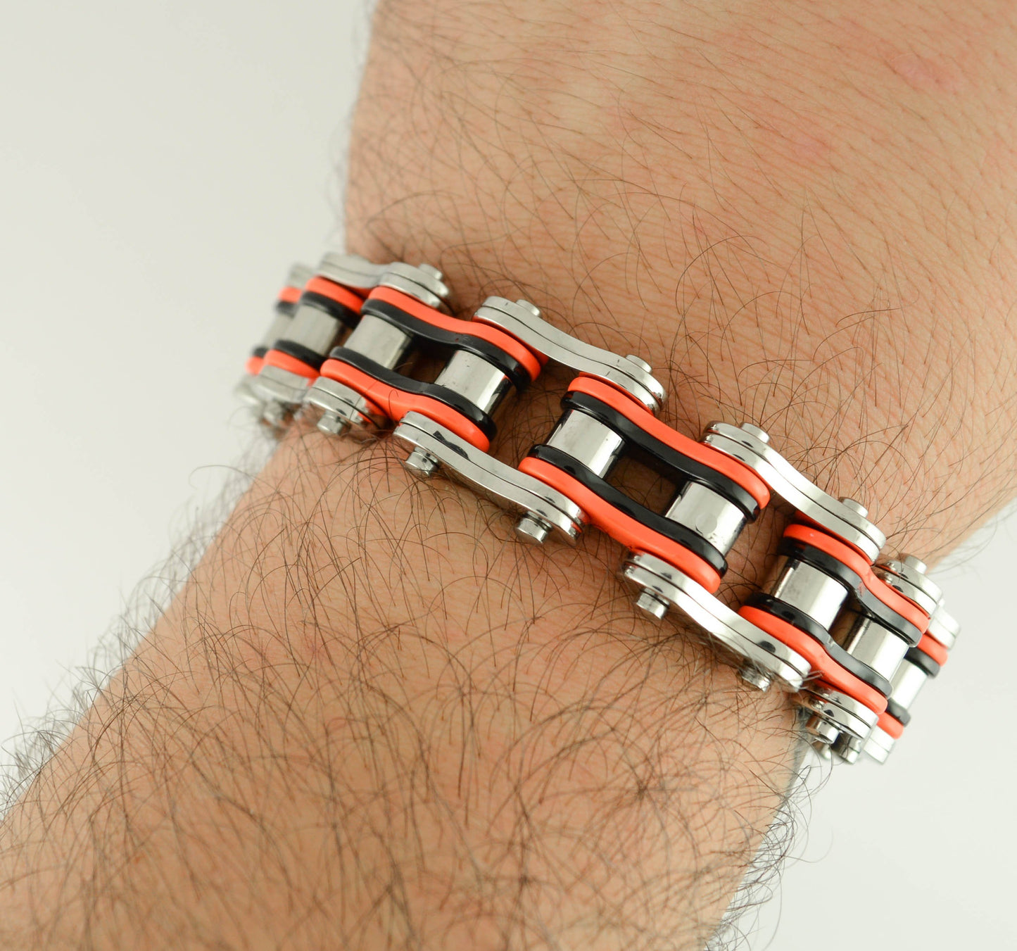 Tri-Color Silver Orange Black 3/4" Wide Double Link DesignUnisex Stainless Steel Motorcycle Chain Bracelet
