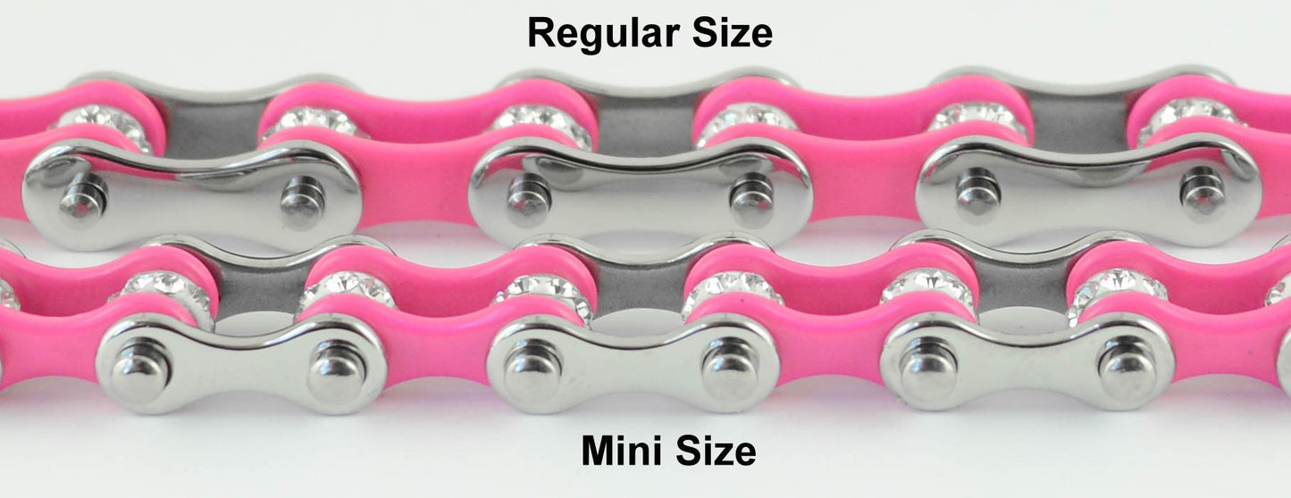 1/2" Wide MINITwo Tone Silver Pink with White Crystal Centers Stainless Steel Motorcycle Bike Chain Bracelet