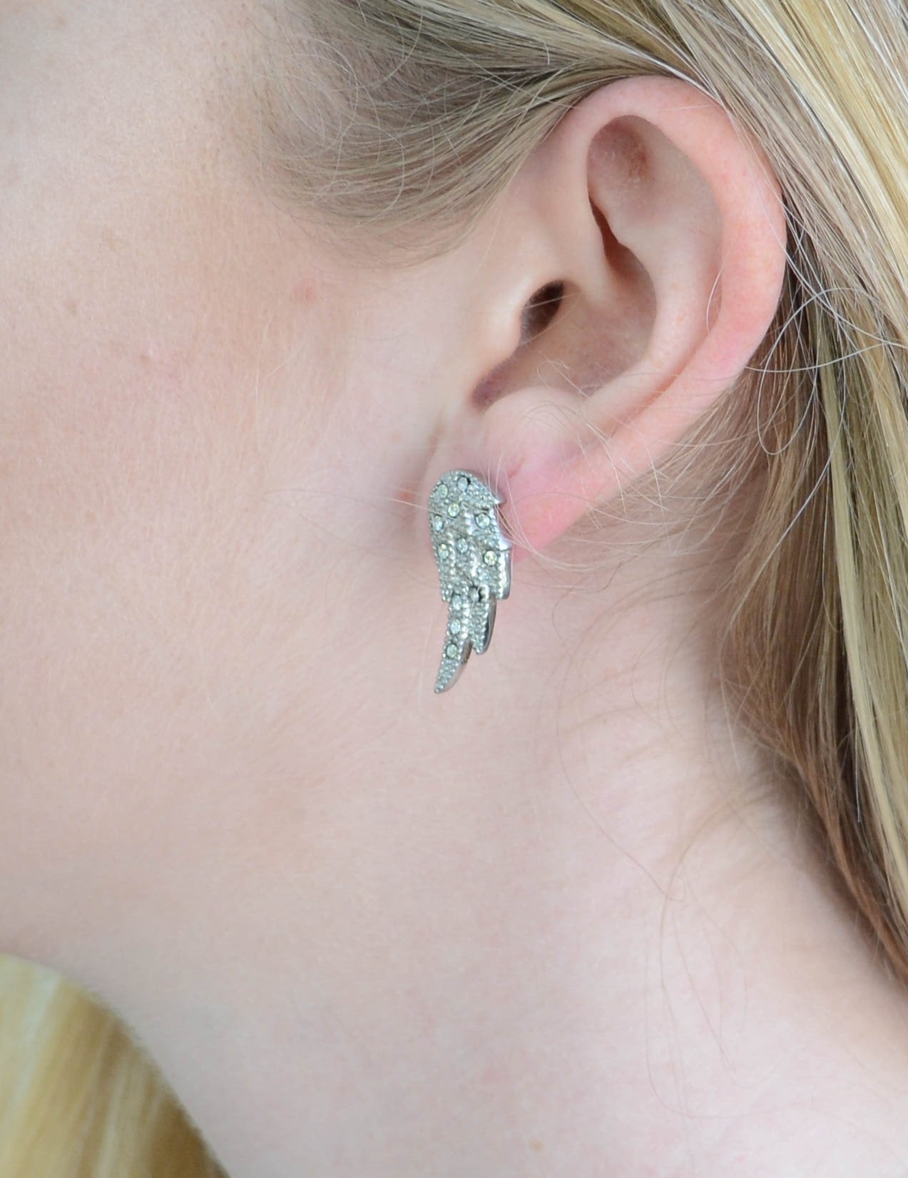 Angel Wing Bling Earrings Silver Tone Imitation Diamonds Stainless Steel Motorcycle Biker Jewelry
