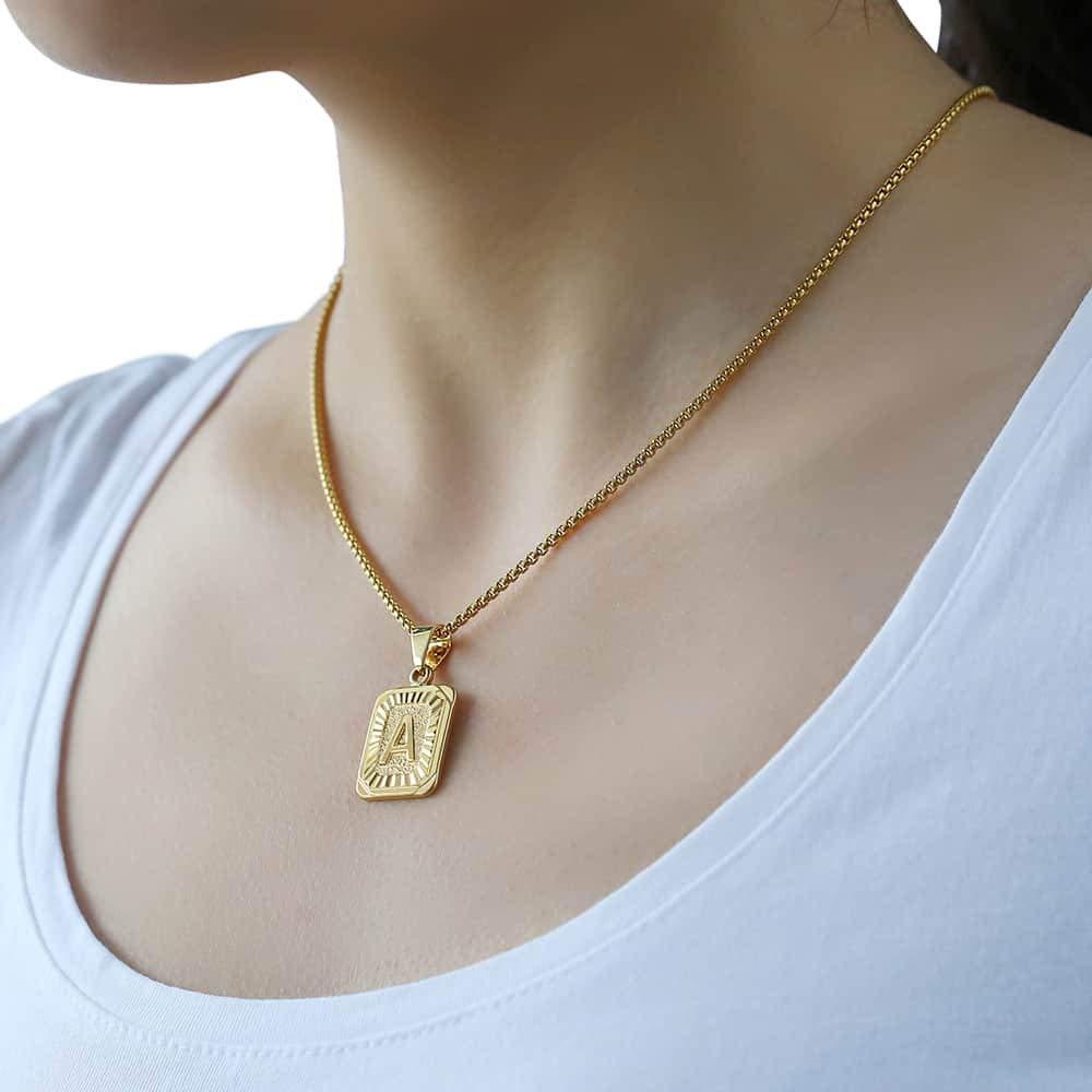Trendsmax Initial Letter Pendant Necklace Mens Womens Capital Letter Yellow Gold Plated A Z Stainless Steel Box Chain 22inch