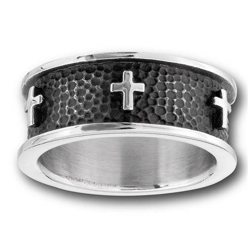 Stainless Steel Men's Hammered Cross Ring