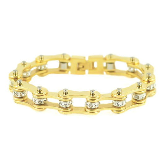 1/2" Wide All Yellow Tone White Crystal RollersWomen's Stainless Steel Motorcycle Chain Bracelet