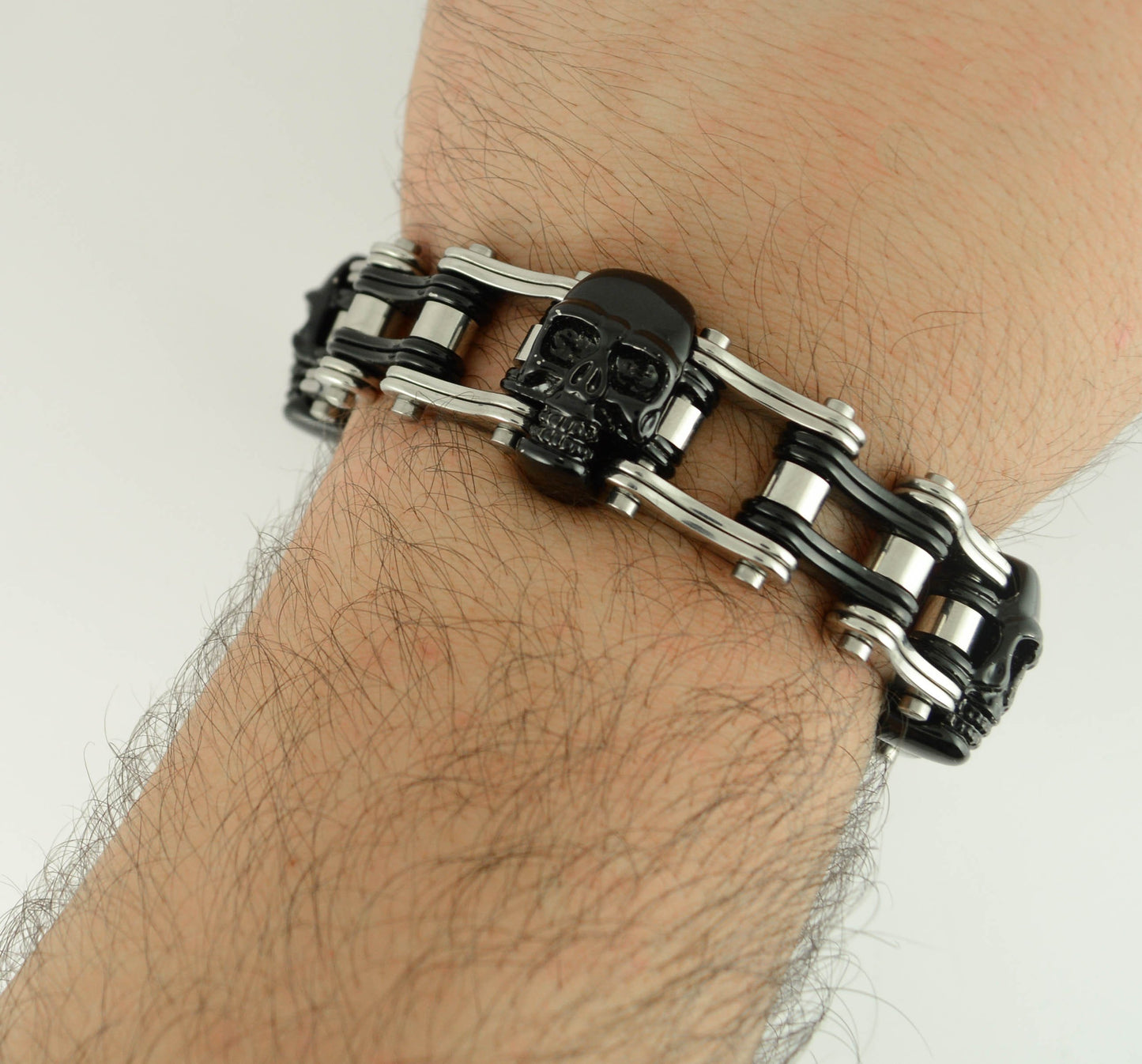Two Tone Black Silver with 3/4" Wide Double Link DesignUnisex Stainless Steel Motorcycle Chain Bracelet