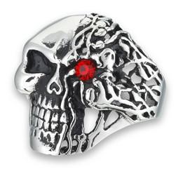 Skull Ring with Red CZ Diamond Crystal Eyes (Stainless Steel)