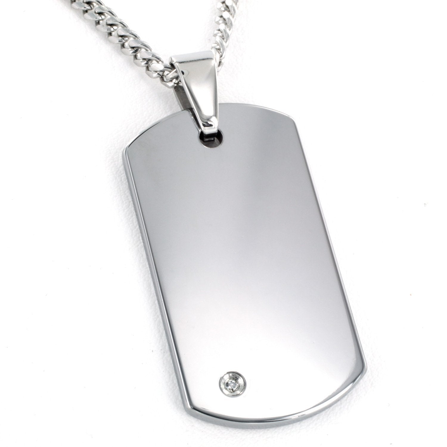 Crucible Jewelry Mens Tungsten Carbide Diamond Dog Tag Curb Chain Pendant  Necklace, 24-Inch, White