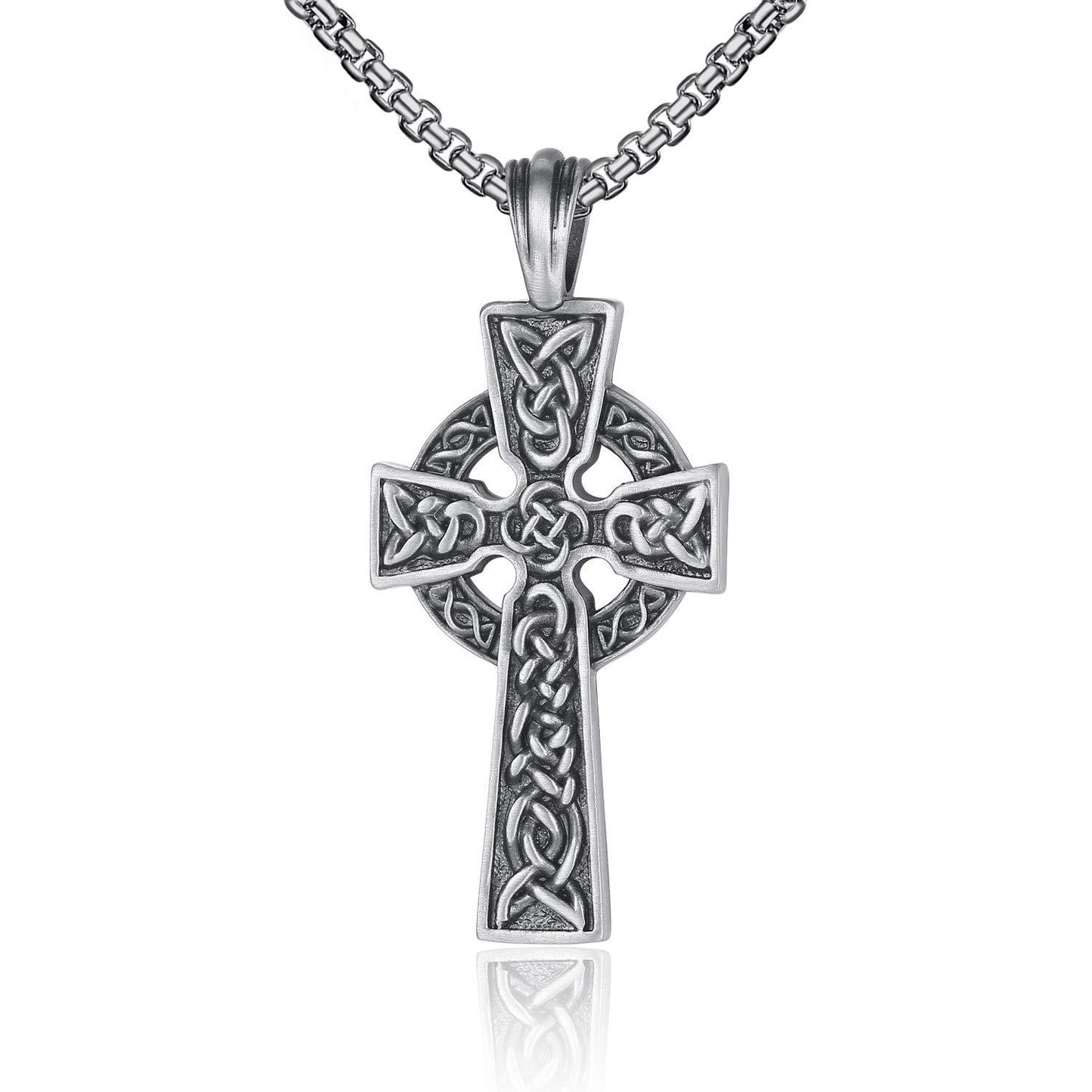 EVBEA Celtic Cross Necklace for Men Viking Irish Knot Serenity Prayer Pendant Crucifix Mens Jewelry with Black Genuine Leather Cord Chain Curb Link