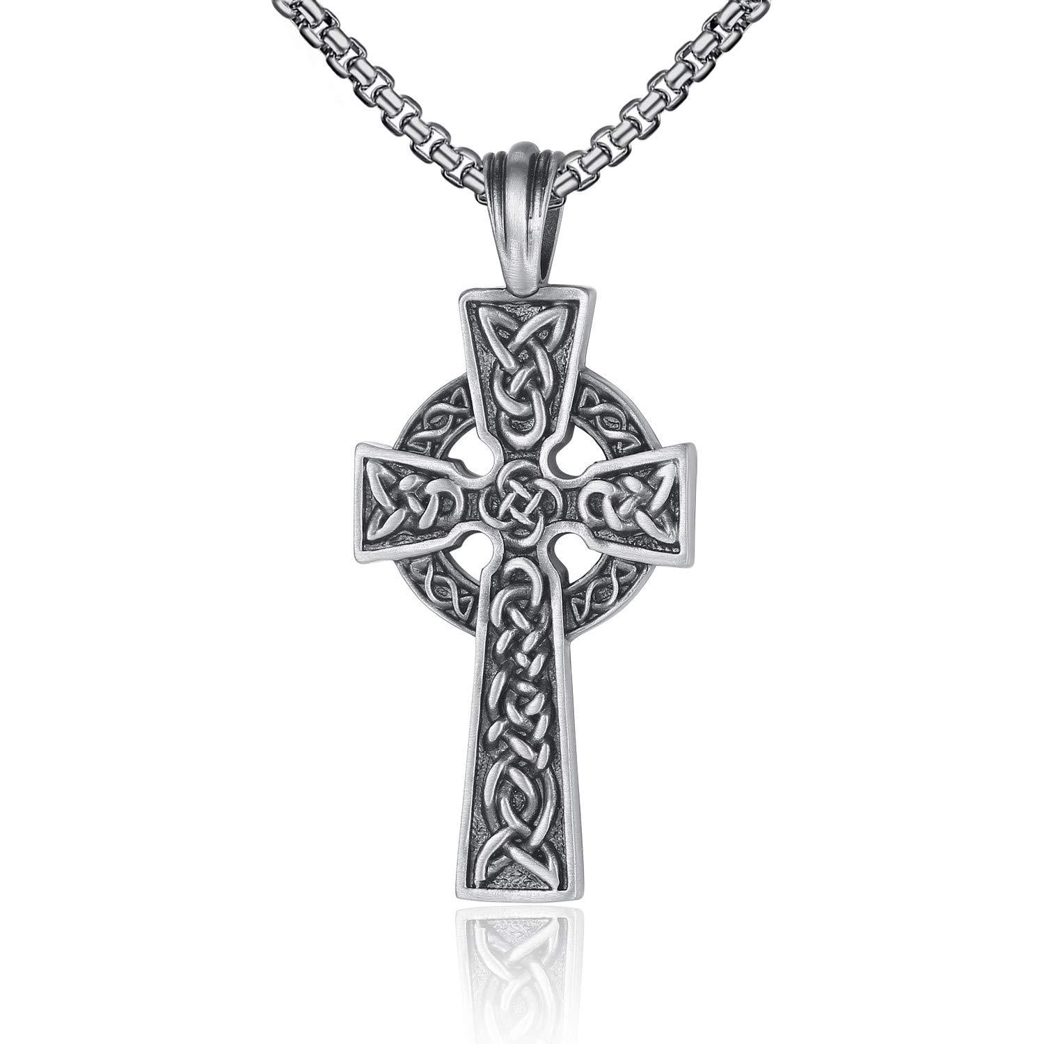 EVBEA Celtic Cross Necklace for Men Viking Irish Knot Serenity Prayer Pendant Crucifix Mens Jewelry with Black Genuine Leather Cord Chain Curb Link
