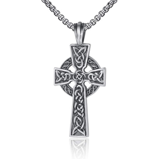 EVBEA Celtic Cross Necklace for Men Viking Irish Knot Serenity Prayer Pendant Crucifix Mens Jewelry with Black Genuine Leather Cord Chain Curb Link