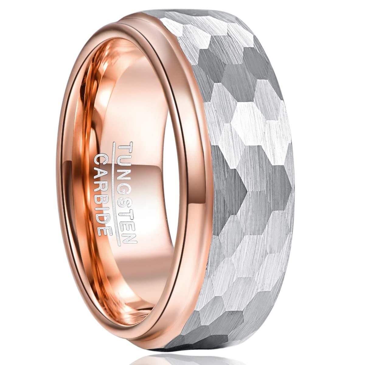 TUNGSTORY 8mm Tungsten Wedding Band Ring Hammered Faceted Brushed Finish Rose Gold Plated Step Edge Size 7-12