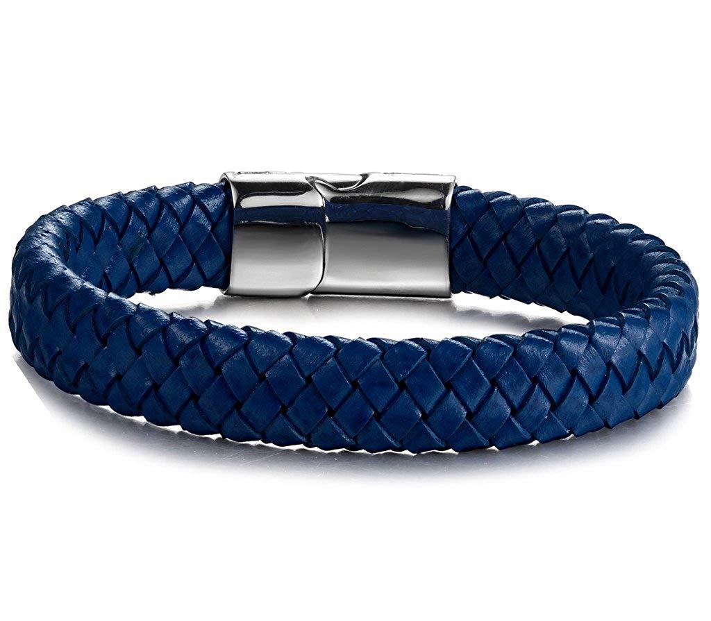 FIBO STEEL Stainless Steel Magnetic Clasp Braided Leather Bracelet for Men Cuff Bracelet 7.5-8.5 inches