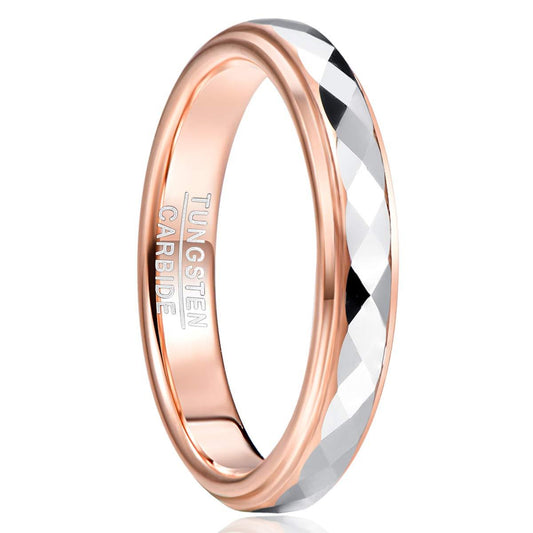 TUNGSTORY 4mm Women's Tungsten Wedding Ring Faceted Finish Rose Gold Plated Comfort Fit Size 5-10
