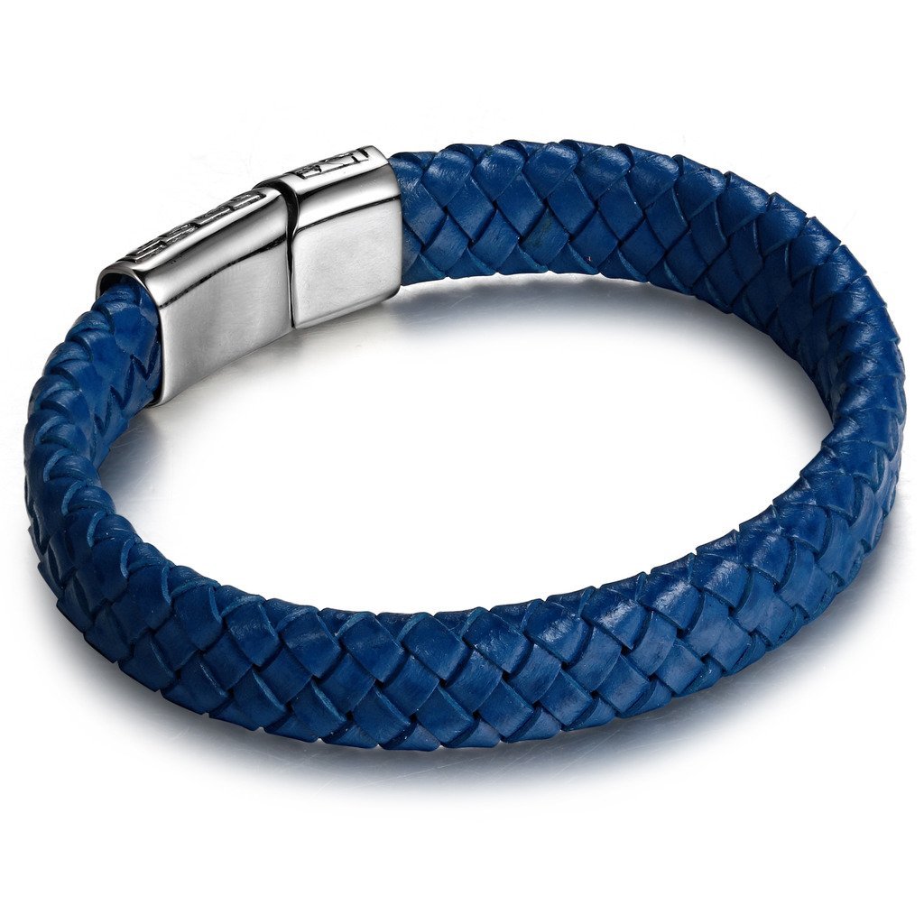 FIBO STEEL Stainless Steel Magnetic Clasp Braided Leather Bracelet for Men Cuff Bracelet 7.5-8.5 inches