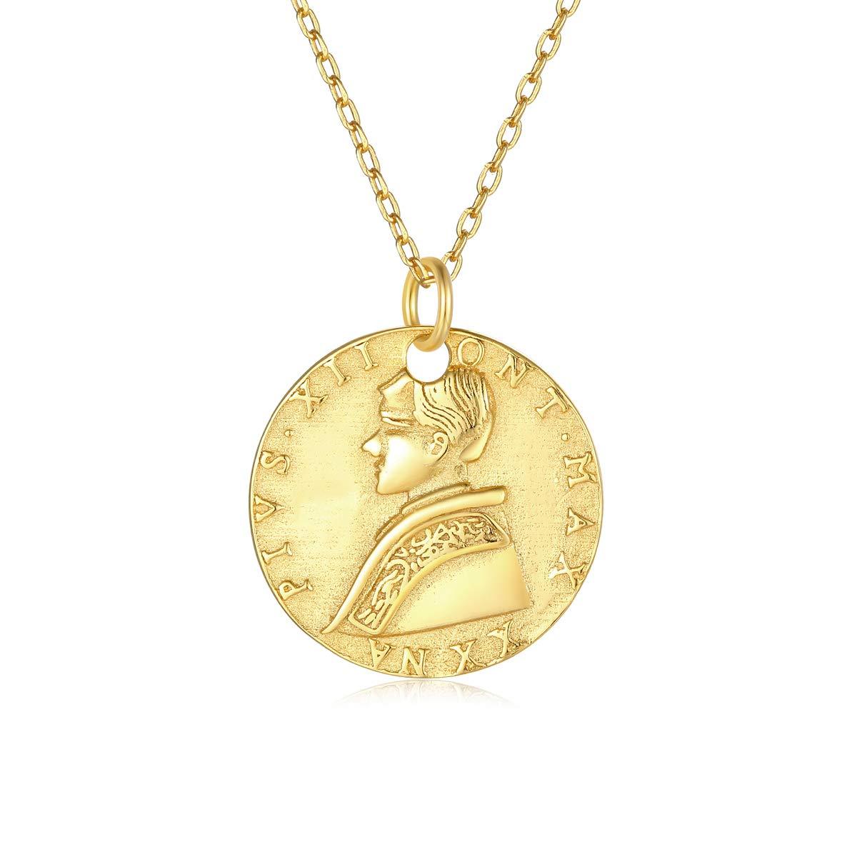 VACRONA Gold Coin Pendant Necklaces,18K Gold Filled Circle Engraved Vintage Disc Special Coin Dainty Handmade Necklaces for Women
