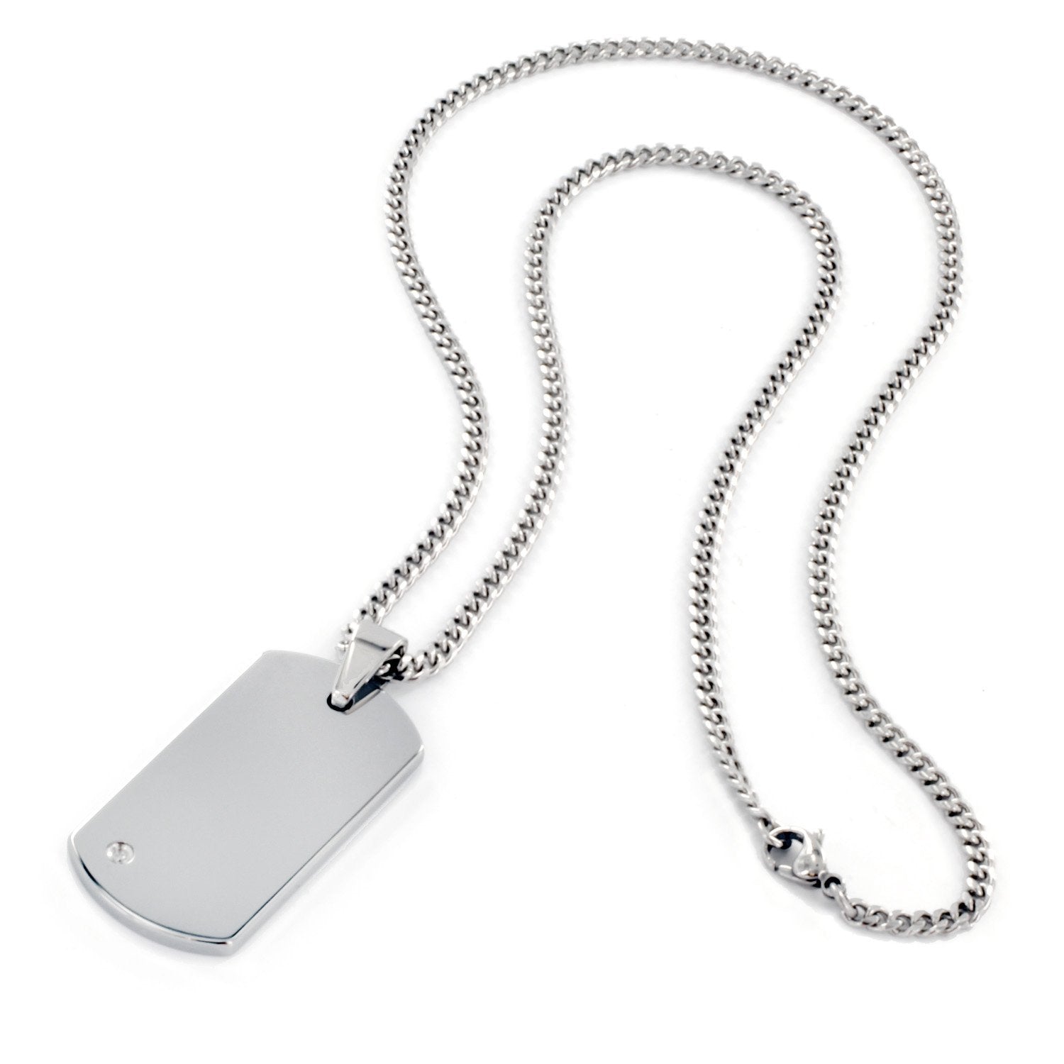 Crucible Men's Tungsten Carbide High Polished Diamond Dog Tag Pendant Necklace Silver