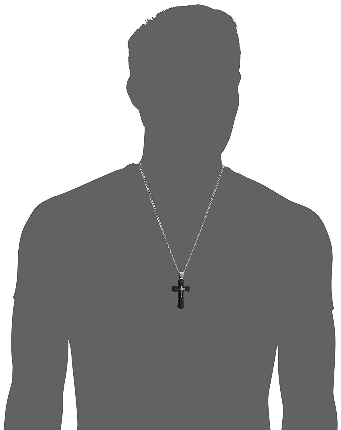 Crucible Jewelry Mens Stainless Steel Large Layered Cross Pendant Necklace, 24", Black/White