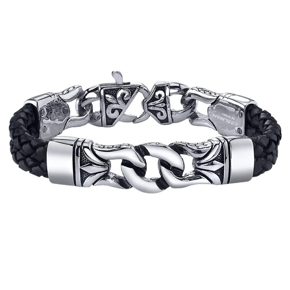 COOLMAN Men's Bracelet Stainless Steel with Braided Leather Wristband Black 8.8 Inch