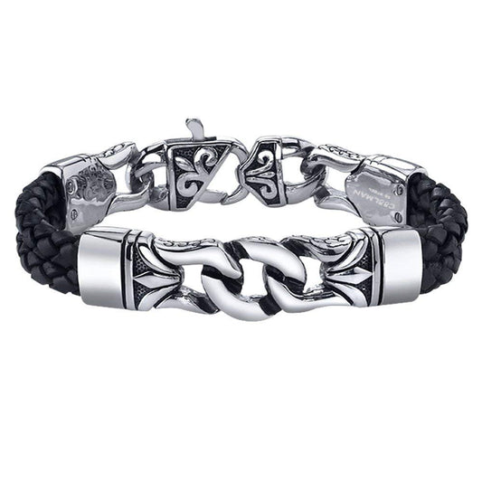 COOLMAN Men's Bracelet Stainless Steel with Braided Leather Wristband Black 8.8 Inch