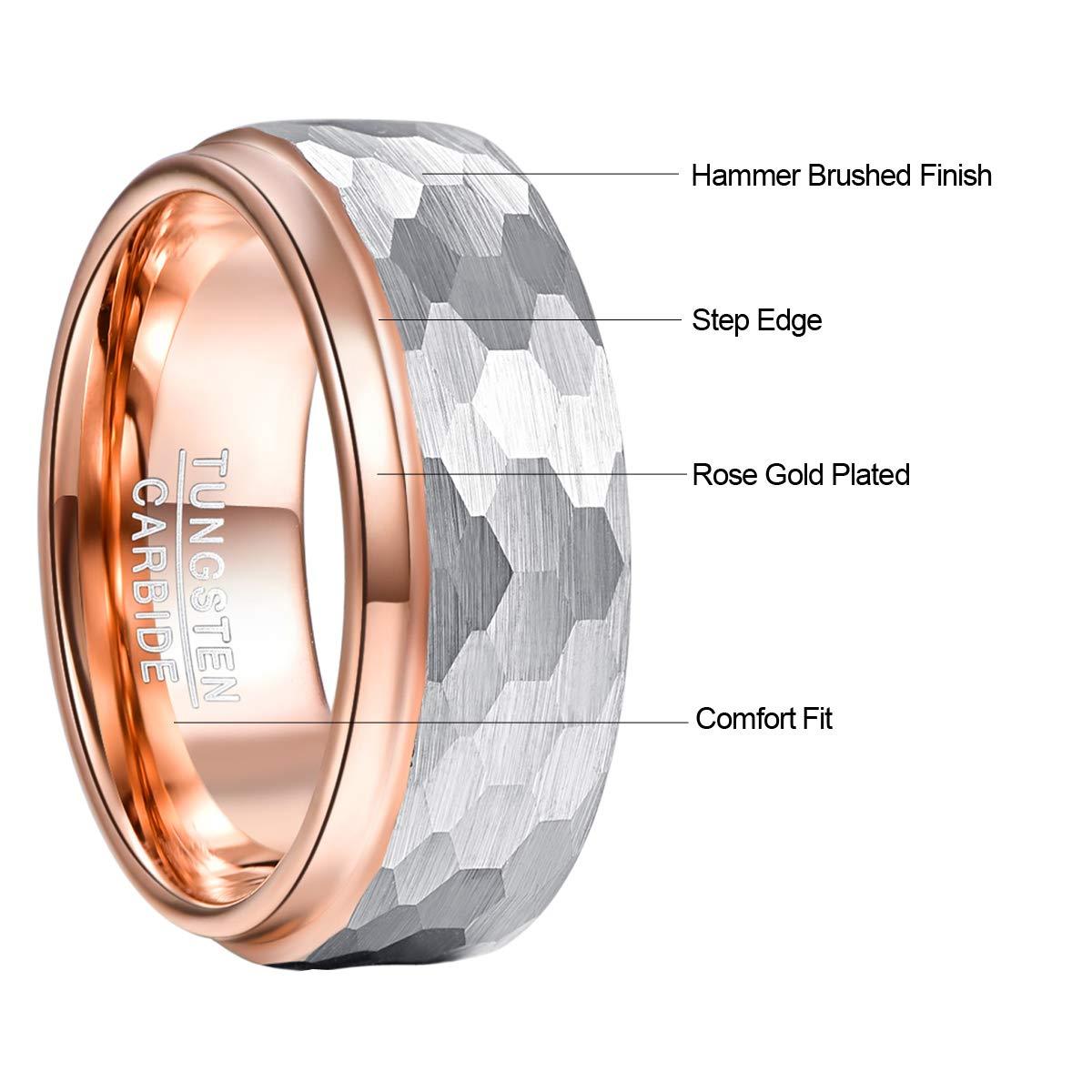 TUNGSTORY 8mm Tungsten Wedding Band Ring Hammered Faceted Brushed Finish Rose Gold Plated Step Edge Size 7-12