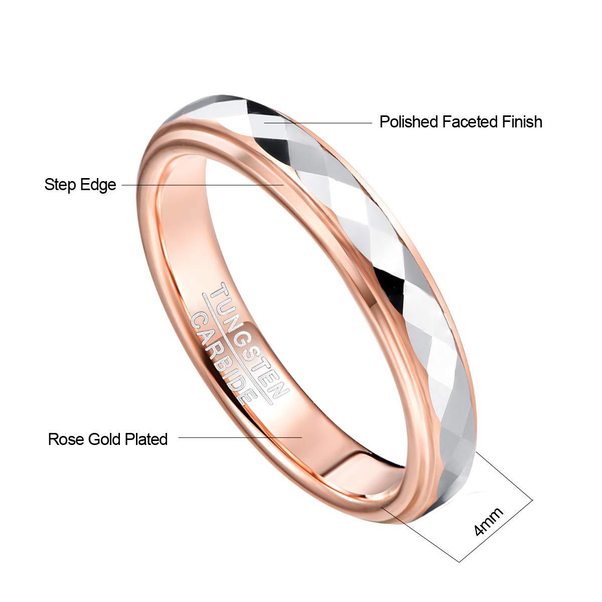 TUNGSTORY 4mm Women's Tungsten Wedding Ring Faceted Finish Rose Gold Plated Comfort Fit Size 5-10