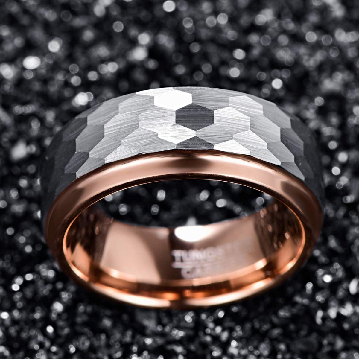 TUNGSTORY 8mm Tungsten Wedding Band Ring Hammered Faceted Brushed Finish Rose Gold Plated Step Edge Size 7-12