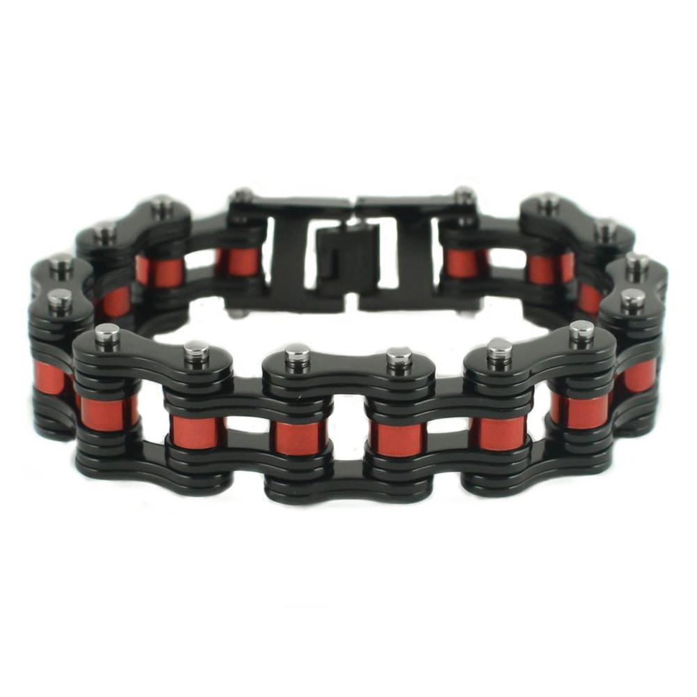 Black with Candy Red Rollers 3/4" Wide Double Link DesignUnisex Stainless Steel Motorcycle Chain Bracelet