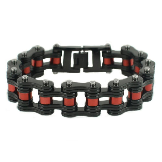 Black with Candy Red Rollers 3/4" Wide Double Link DesignUnisex Stainless Steel Motorcycle Chain Bracelet