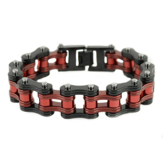 Two Tone Black Candy Red 3/4" Wide Double Link DesignUnisex Stainless Steel Motorcycle Chain Bracelet