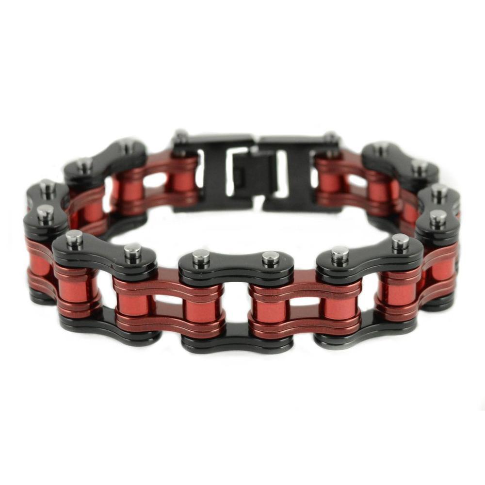 Two Tone Black Candy Red 3/4" Wide Double Link DesignUnisex Stainless Steel Motorcycle Chain Bracelet