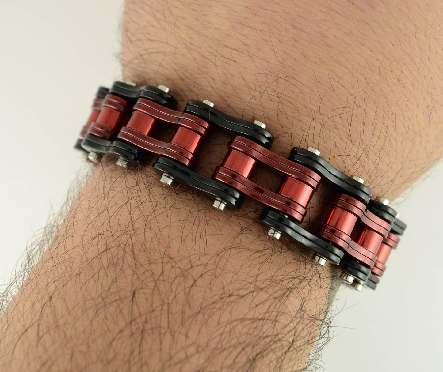 Two Tone Black Candy Red 3/4" Wide Double Link DesignUnisex Stainless Steel Motorcycle Chain Bracelet