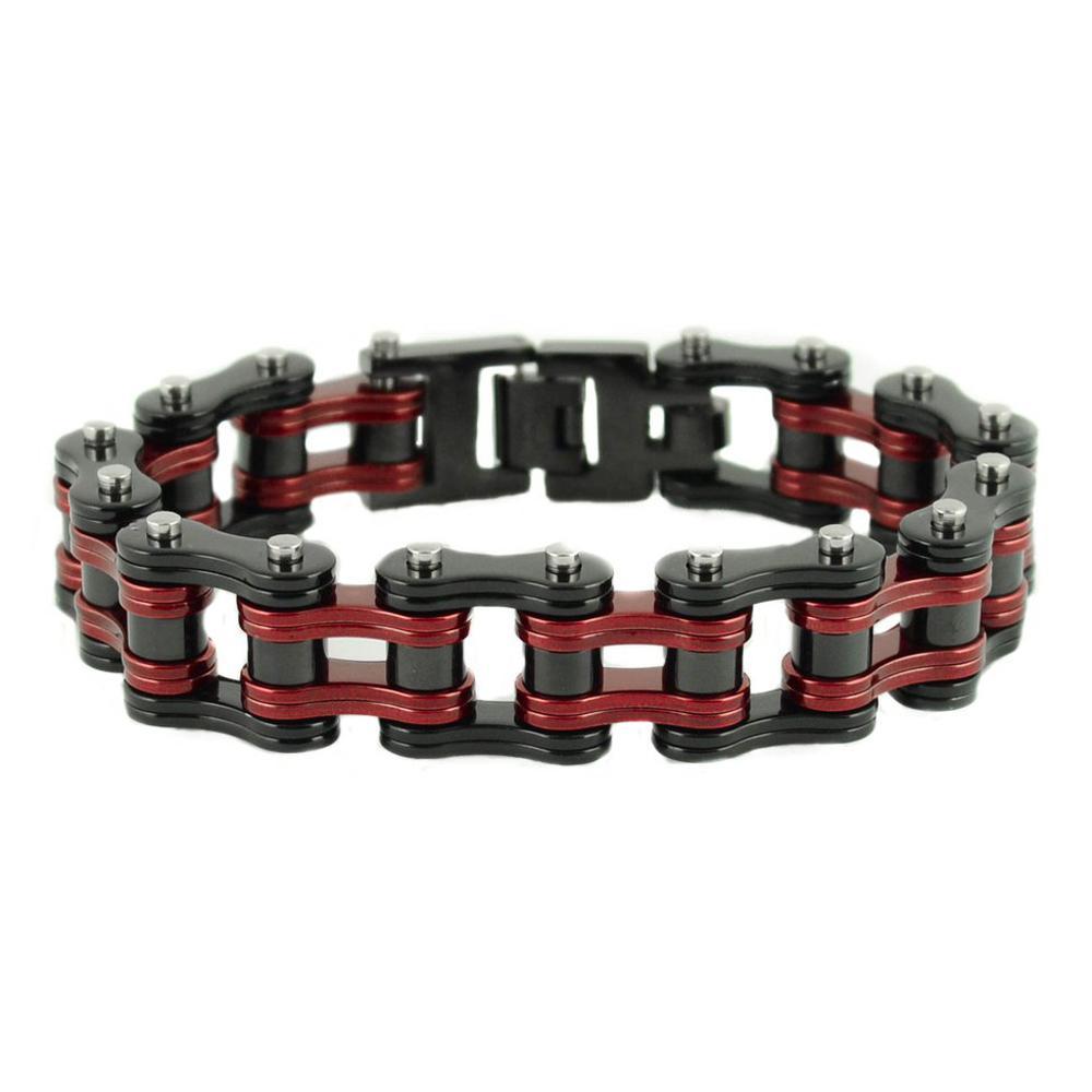 Two Tone Black Candy Red 3/4" Wide Double Link DesignUnisex Stainless Steel Motorcycle Chain Bracelet
