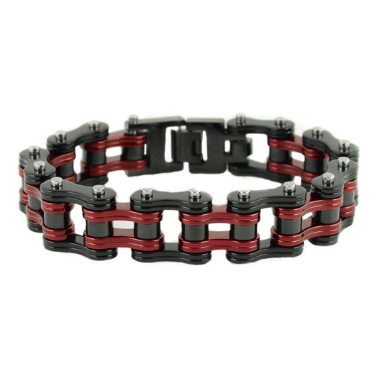Two Tone Black Candy Red 3/4" Wide Double Link DesignUnisex Stainless Steel Motorcycle Chain Bracelet