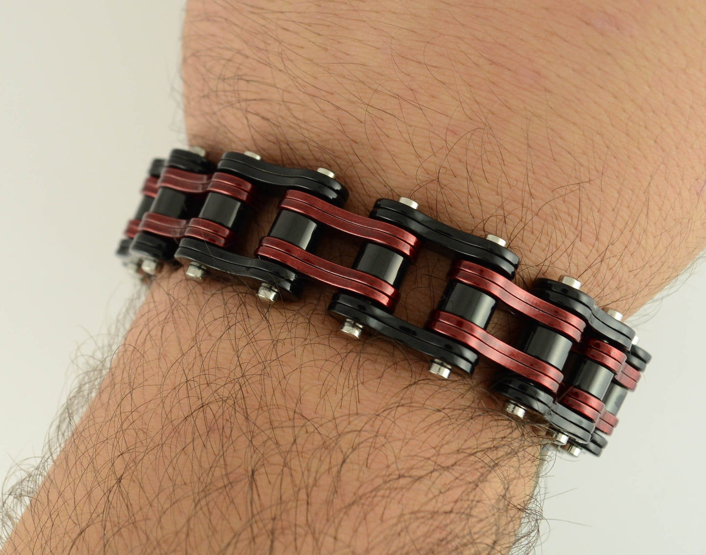 Two Tone Black Candy Red 3/4" Wide Double Link DesignUnisex Stainless Steel Motorcycle Chain Bracelet