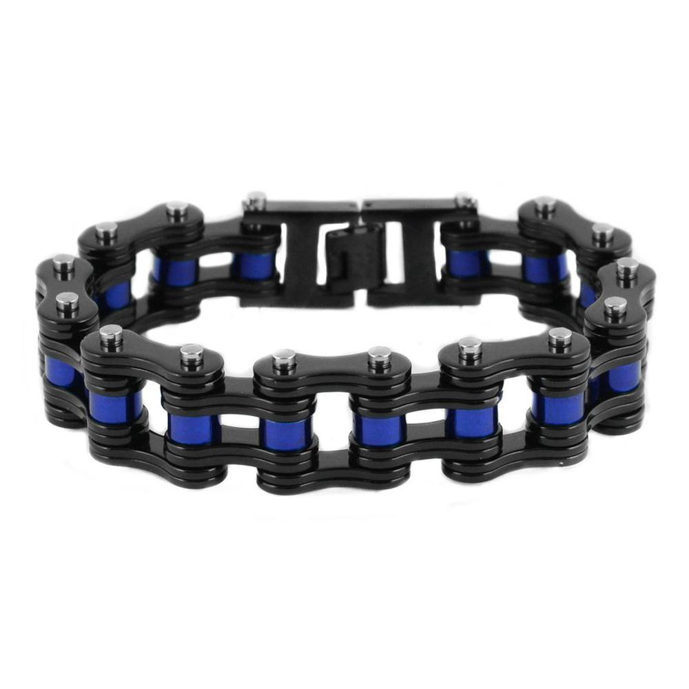 3/4" Wide Black with Blue RollersUnisex Stainless Steel Motorcycle Chain Bracelet