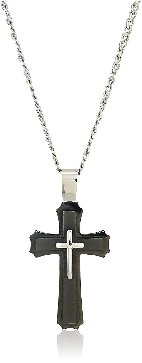 Crucible Jewelry Mens Stainless Steel Large Layered Cross Pendant Necklace, 24", Black/White