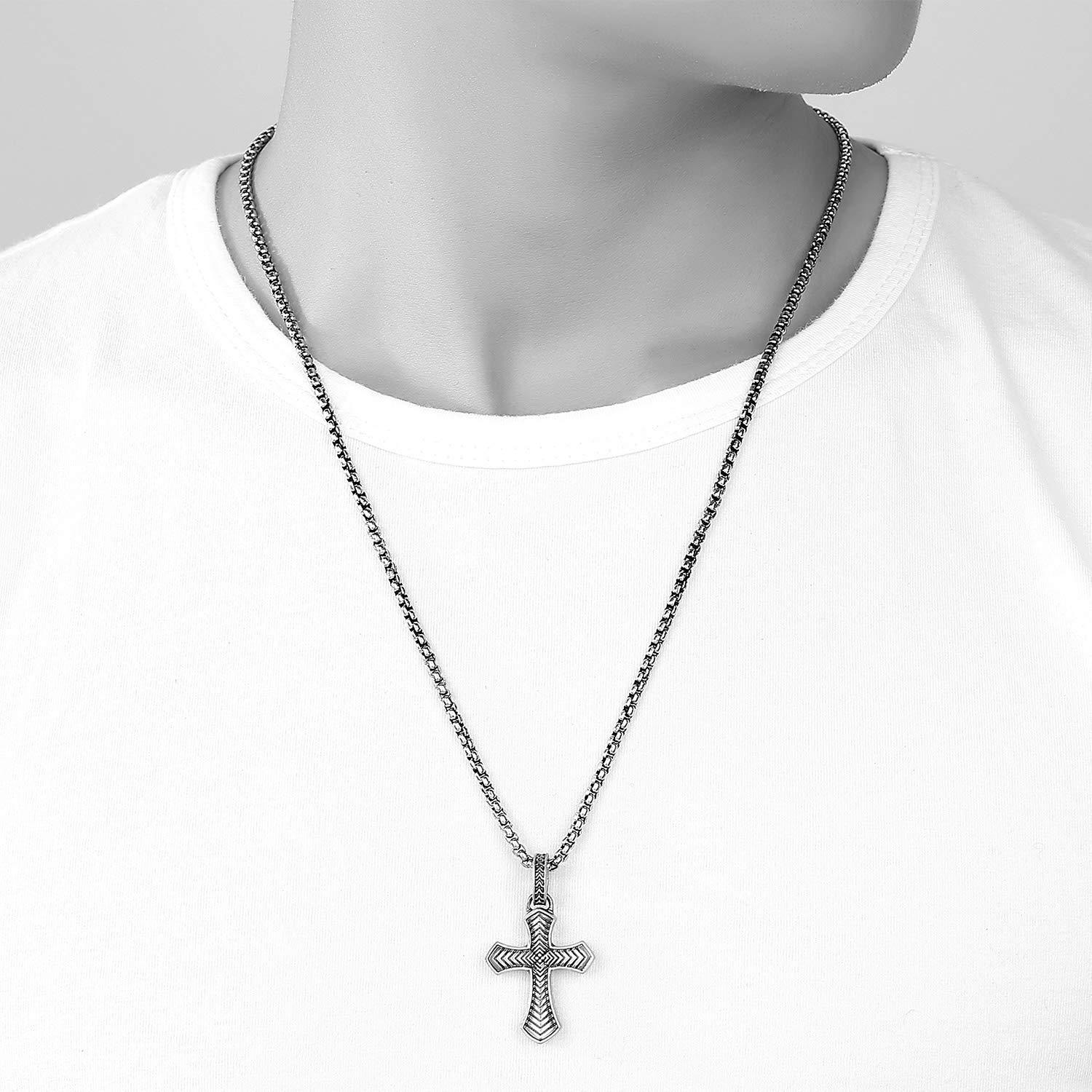 EVBEA Celtic Cross Necklace for Men Viking Irish Knot Serenity Prayer Pendant Crucifix Mens Jewelry with Black Genuine Leather Cord Chain Curb Link