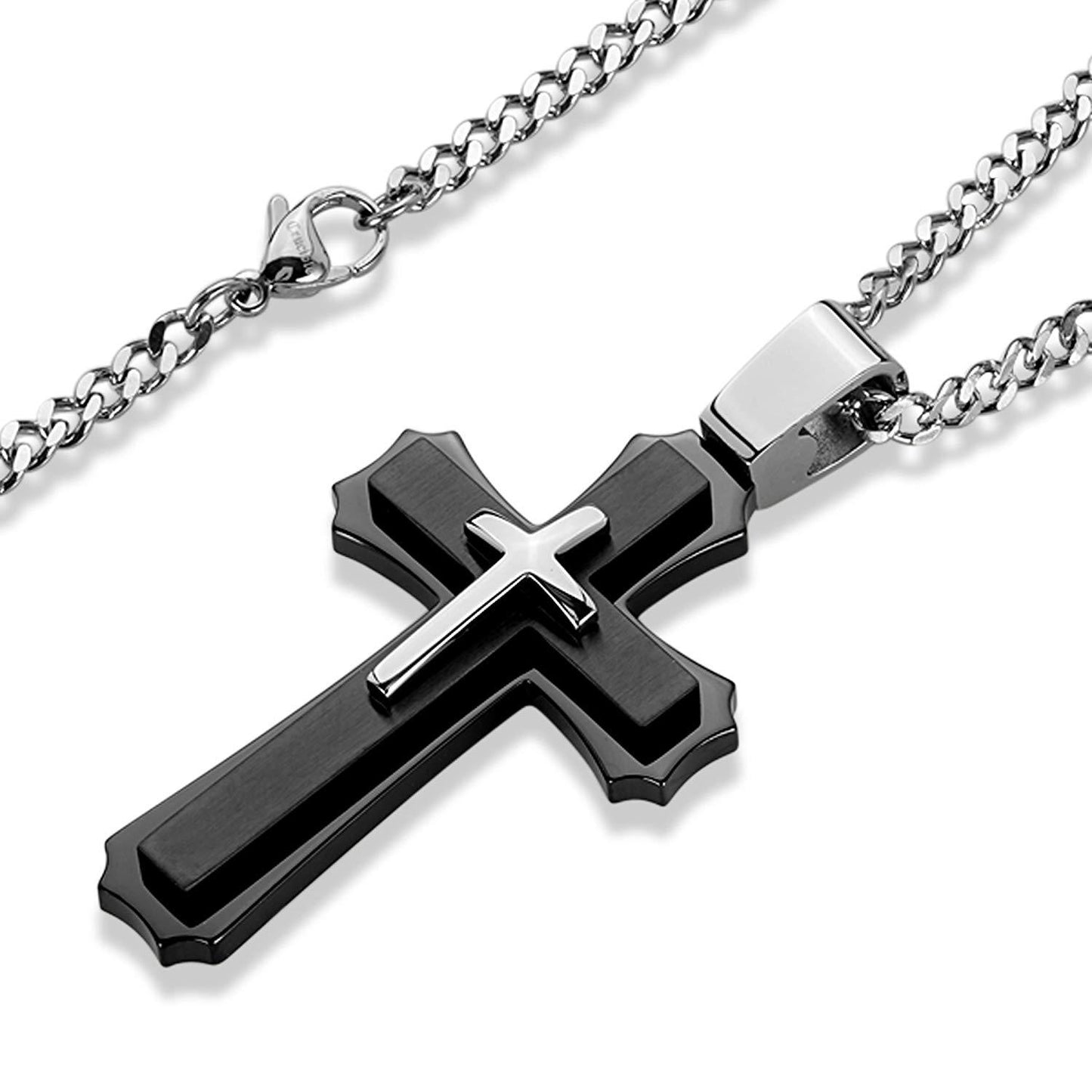 Crucible Jewelry Mens Stainless Steel Large Layered Cross Pendant Necklace, 24", Black/White