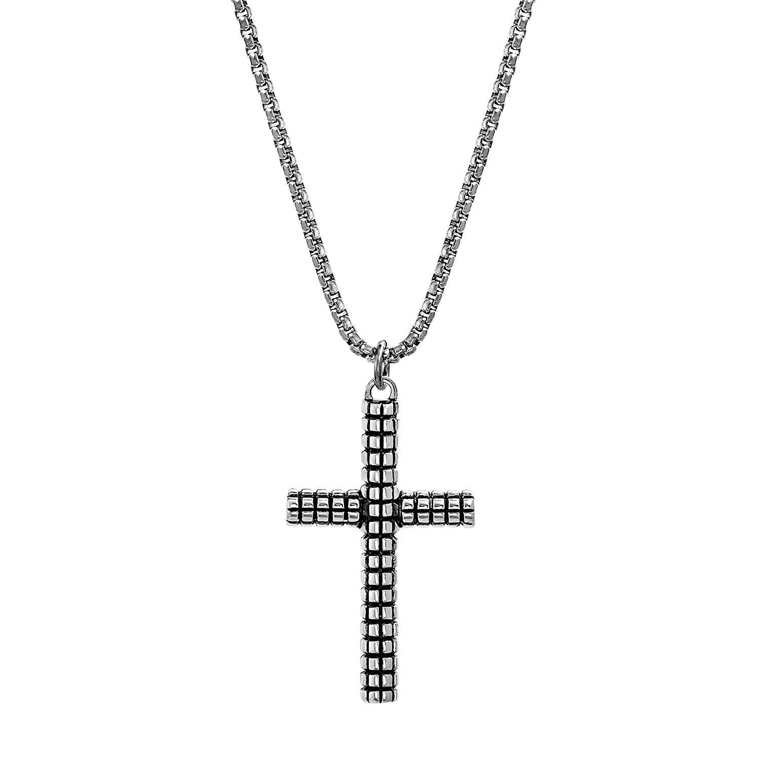 Steve Madden Men's Textured Cross Pendant Necklace in Stainless Steel