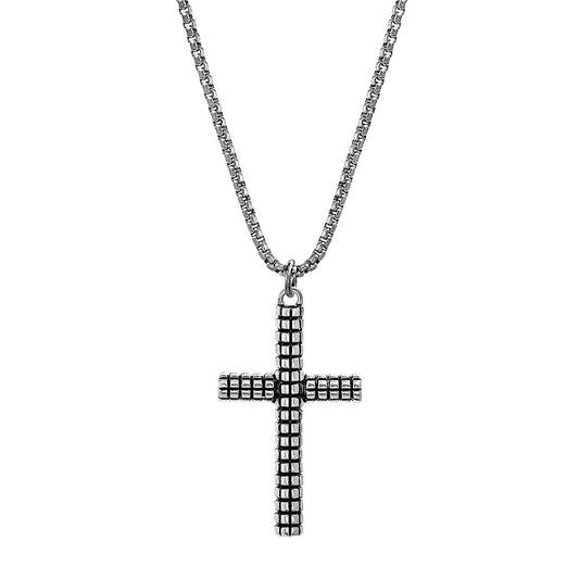 Steve Madden Men's Textured Cross Pendant Necklace in Stainless Steel